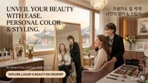 A professional K-beauty stylist applying makeup to a foreign woman in a luxury Seoul salon with a view of Hanok roofs. The banner promotes personal color and styling services available on Creatrip with the text 'Unveil Your Beauty with Ease'.