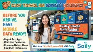 A happy traveler at a station holding a phone with the Saily app, advertising Saily eSIM for South Korea travel during holidays to easily access maps, taxi apps, translation tools, and restaurant information