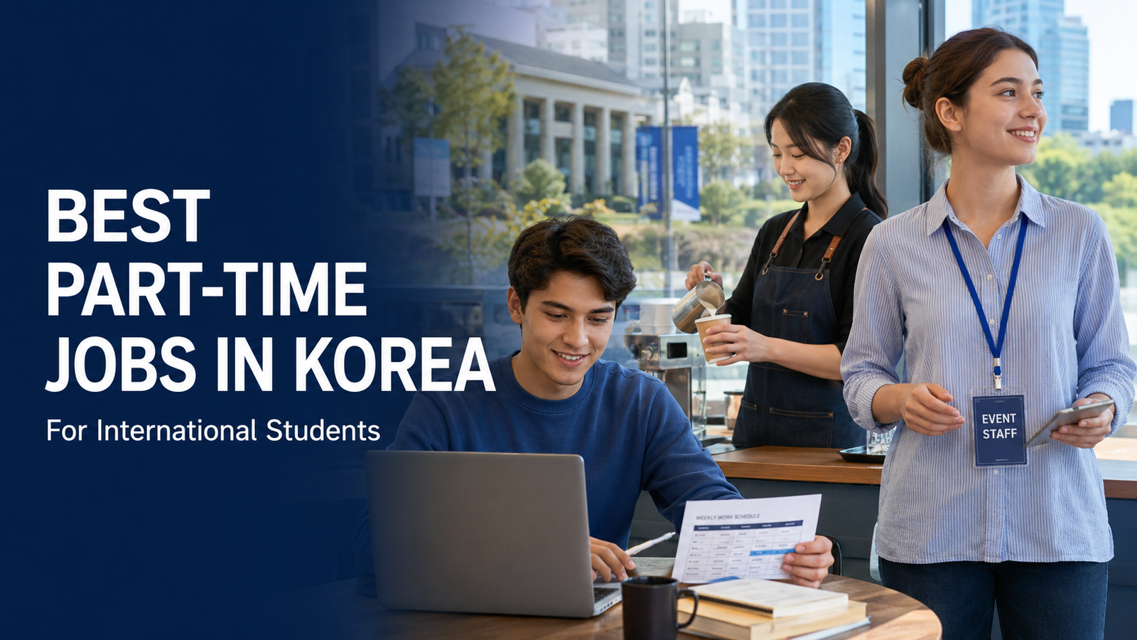 International students working part-time at a cafe, university, and event in Seoul, South Korea