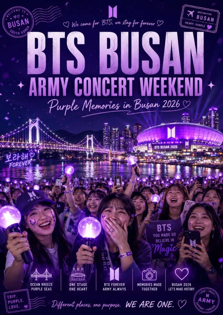 Happy BTS ARMY fans celebrating a Busan concert weekend in 2026 with purple light sticks, Gwangan Bridge, Busan night skyline, and a festive concert atmosphere