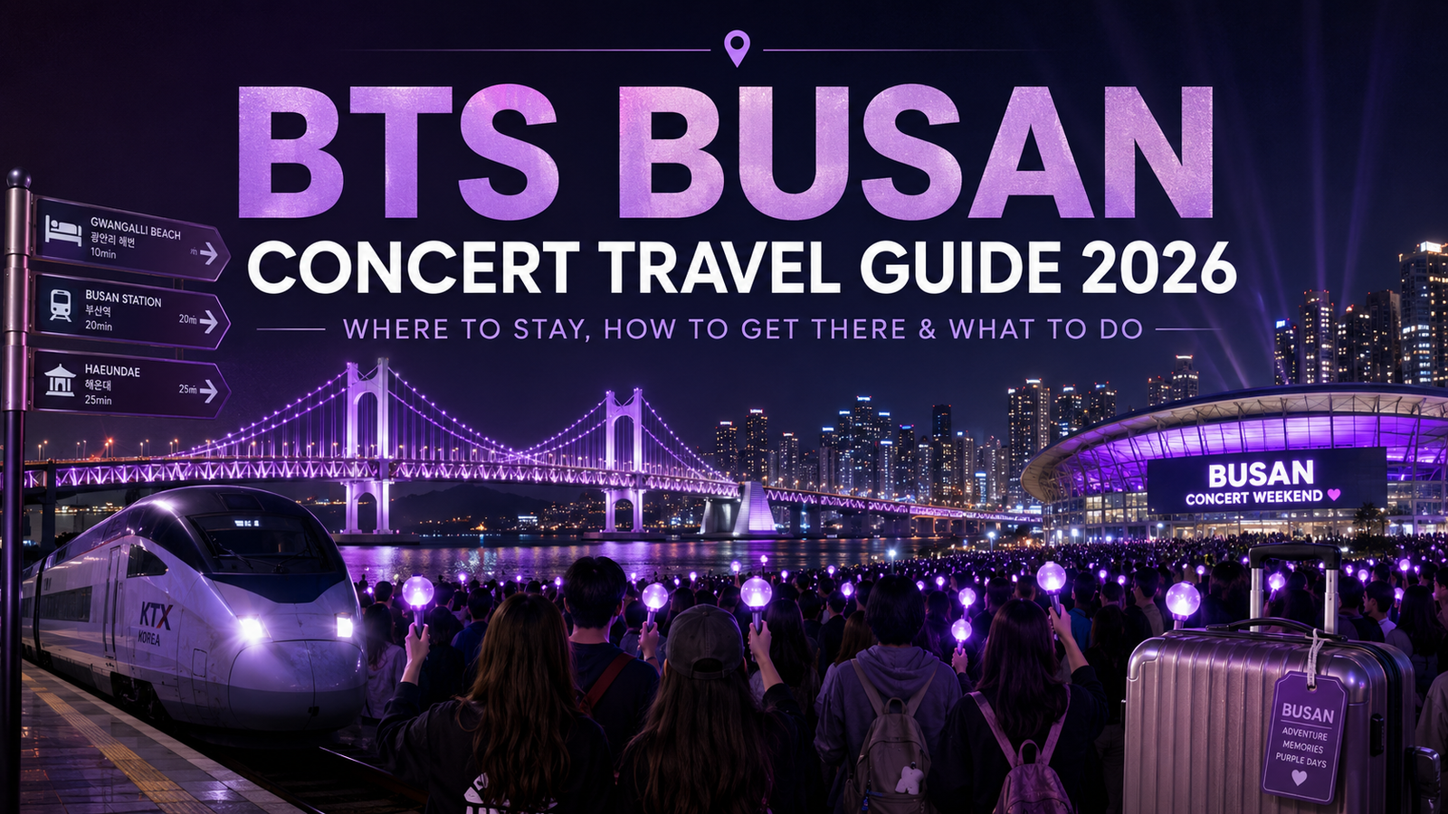 BTS Busan Concert Travel Guide 2026 with Busan night skyline, Gwangan Bridge, concert crowd, KTX travel, and purple ARMY-inspired lights