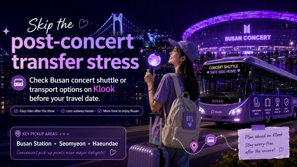 Busan concert shuttle and transport banner for BTS fans in 2026, showing a purple night concert atmosphere, shuttle bus, Busan skyline, luggage, and key pickup areas such as Busan Station, Seomyeon, and Haeundae