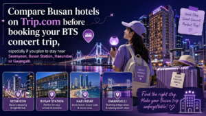 Compare Busan hotels on Trip.com for a BTS concert trip in 2026, featuring Busan night skyline, Gwangan Bridge, hotel buildings, luggage, and nearby areas such as Seomyeon, Busan Station, Haeundae, and Gwangalli