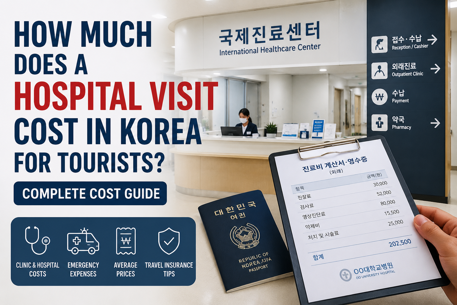 Tourist at a South Korean hospital reception learning about hospital visit costs and medical expenses in Korea
