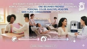 A professional K-beauty travel banner featuring a foreign female client with glowing skin smiling during a consultation at a modern Seoul skin clinic. In the background, professional aesthetic treatments like a head spa and personal color analysis are softly blurred. The top of the banner displays clear English text encouraging visitors to book their beginner-friendly K-beauty experiences before traveling.