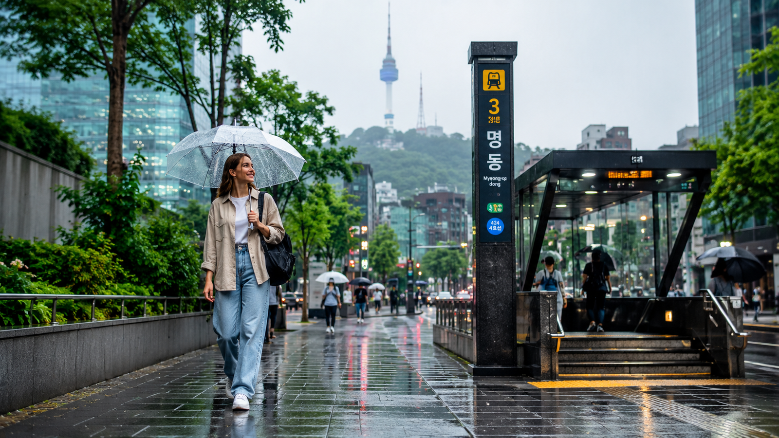 A foreign traveler holding an umbrella on a rainy summer day near a subway entrance in Seoul during Korea’s rainy season.