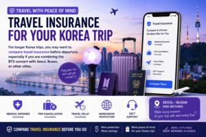 Korea travel insurance banner for international BTS fans planning a longer trip to Seoul, Busan, and other Korean cities, featuring luggage, passport, Busan skyline, N Seoul Tower, and travel protection icons