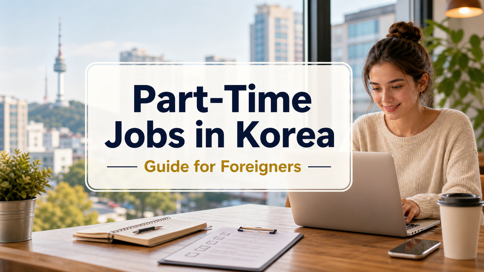 Part-Time Jobs in Korea guide for foreigners with a foreign student using a laptop in a Seoul cafe.