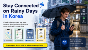 A traveler using mobile data on a smartphone near a Seoul subway entrance on a rainy day, showing how an eSIM helps tourists check maps, subway routes, taxi apps, and weather alerts during Korea’s rainy season.
