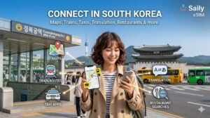 "A banner featuring a female traveler using her smartphone with the Kakao T app in front of Gyeongbokgung Station and Namsan Seoul Tower. The top text reads 'CONNECT IN SOUTH KOREA' with the Saily eSIM logo. Surrounding her are connected infographic icons for Maps, Train Routes, Taxi Apps, Translation, and Restaurant Searches.