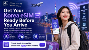 South Korea eSIM travel banner showing a traveler arriving in Korea with mobile data activated for maps, translation apps, subway routes, airport bus information, and Saily eSIM options